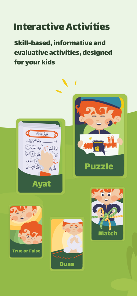 A display of interactive Islamic learning activities for children including Quran verses, puzzles, and prayers