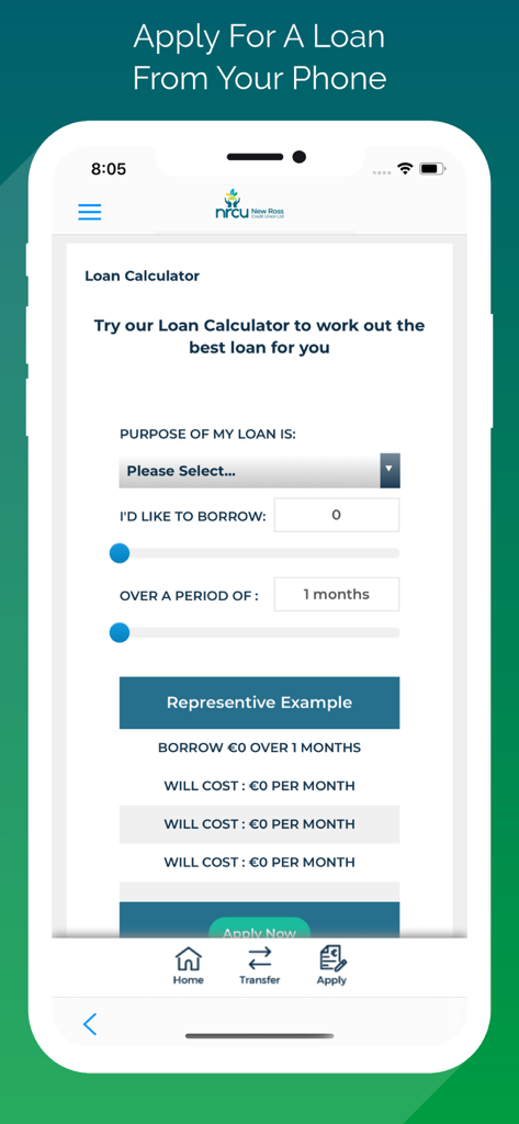 New Ross Credit Union - New Ross Credit Union app loan calculator interface showing borrowing options and monthly cost estimates