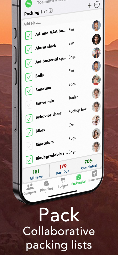 Pro Camping Planner app showing a collaborative packing list for a group trip with gear assigned to different storage locations