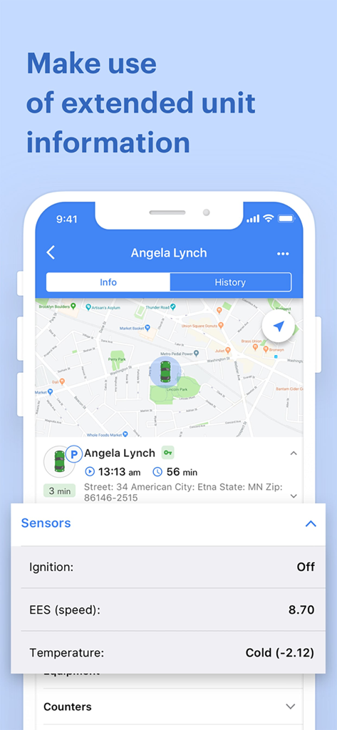 IoT Platform - Surveillance d'unité en temps réel sur l'application Plateforme IoT, présentant la localisation sur carte et les informations des capteurs.