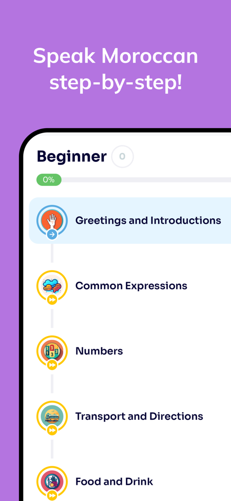 Morolingo: Darija & Amazigh - Morolingo app interface showing a step-by-step beginner course for learning Moroccan Darija.
