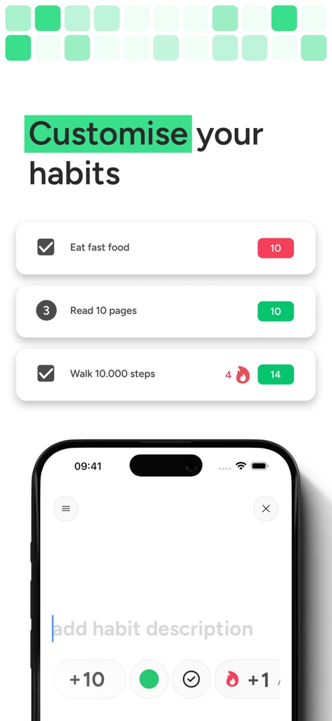 Gameify: Turn Life into a Game - Tela do aplicativo móvel Gameify mostrando a lista de hábitos com valores em pontos e um formulário para adicionar uma nova descrição de hábito