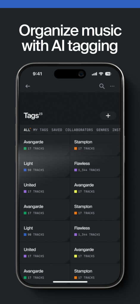 Offtop - Music Studio - Offtop music library interface showing tracks organized by AI tags and genres