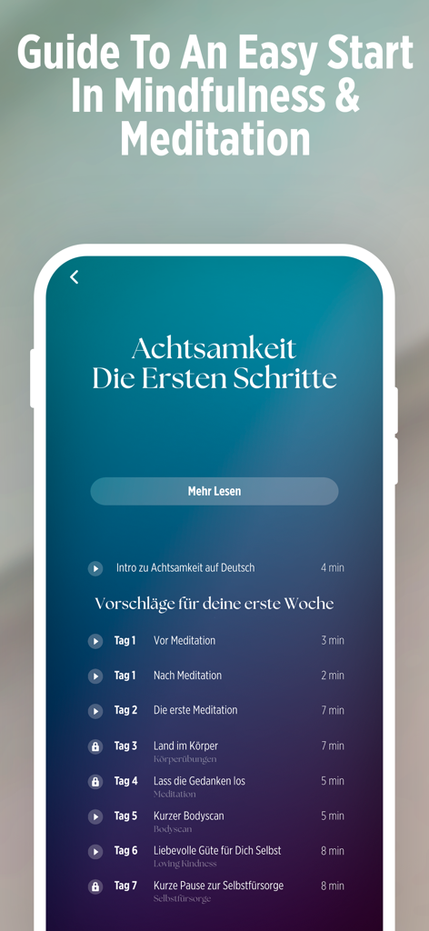 Uno screenshot di un'app mobile che mostra una guida di meditazione di 7 giorni in tedesco per principianti.