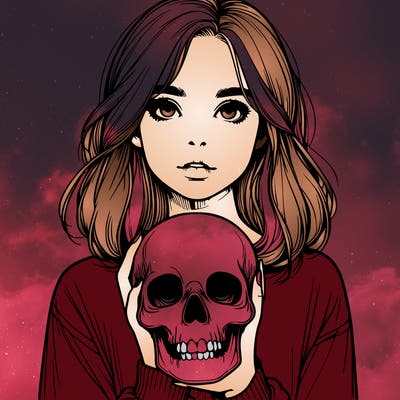 realistic girl holding a skull