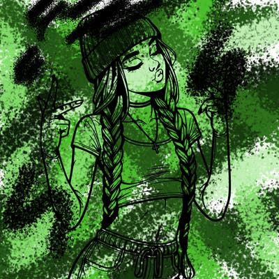 realistic teenage girl with braids and a beanie and crop top doing 🫶🏼