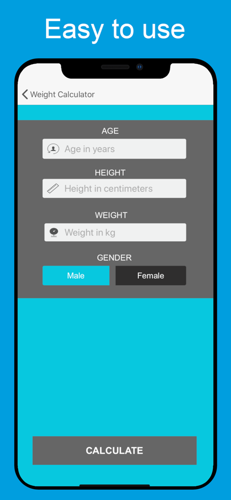 Gewichtsrechner-App-Oberfläche mit Eingabefeldern für Alter, Größe, Gewicht und Geschlecht