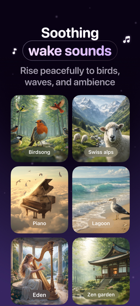 Wonderwake: Gentle Alarm Clock - Una selección de sonidos relajantes de la naturaleza y ambientales para un despertador suave