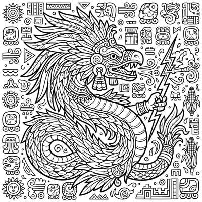 Embark on an epic coloring journey with this majestic Aztec deity, Quetzalcoatl, the feathered serpent. This intricate design is rich with ancient symbolism, promising hours of creative exploration.