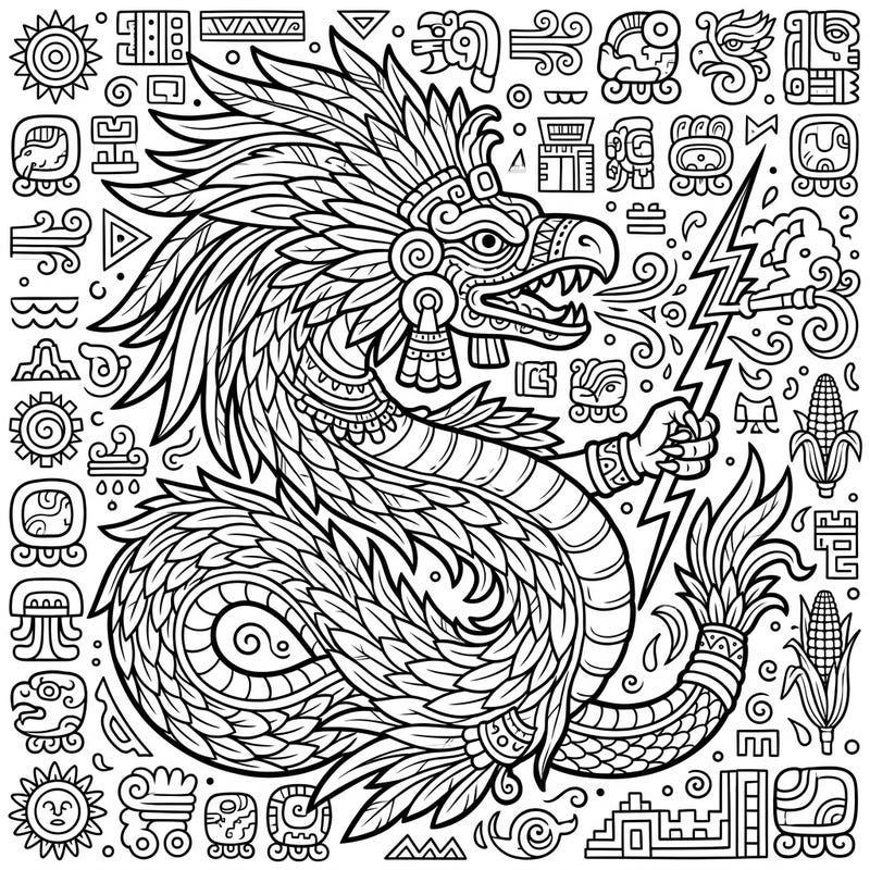 Embark on an epic coloring journey with this majestic Aztec deity, Quetzalcoatl, the feathered serpent. This intricate design is rich with ancient symbolism, promising hours of creative exploration.