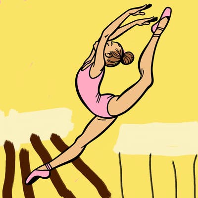 gymnast doing a leap in a leotard with a bent back leg