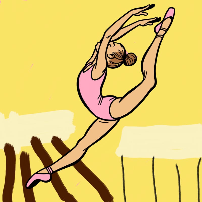 gymnast doing a leap in a leotard with a bent back leg