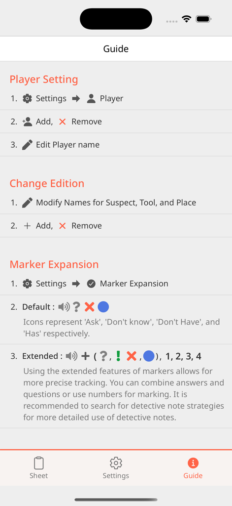 Detective Notes - Instructional guide for Detective Notes app displaying player setup and marker expansion options.