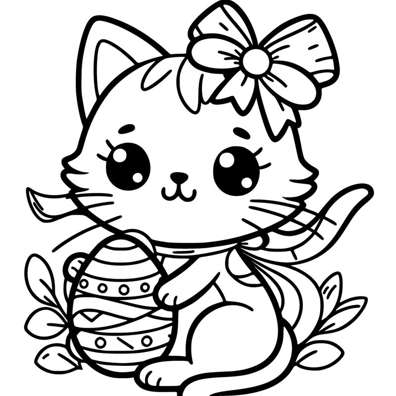 cat with easter egg and ribbon