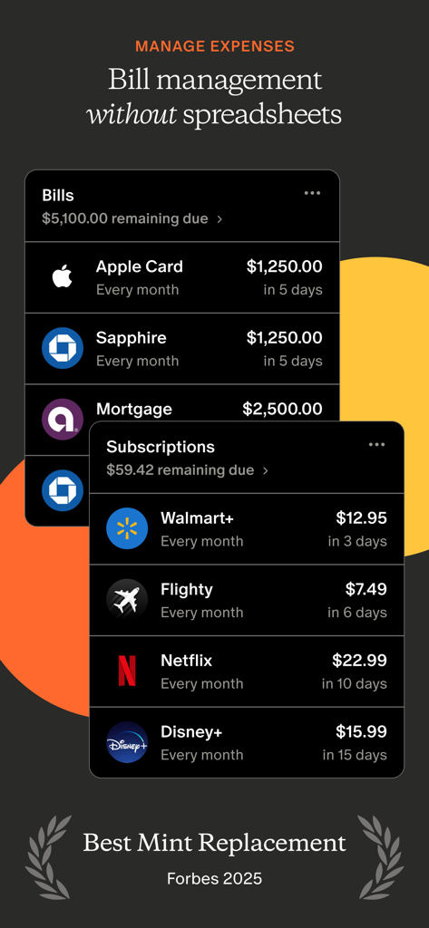 Monarch Money app interface showing recurring bills and subscriptions tracker with total remaining due