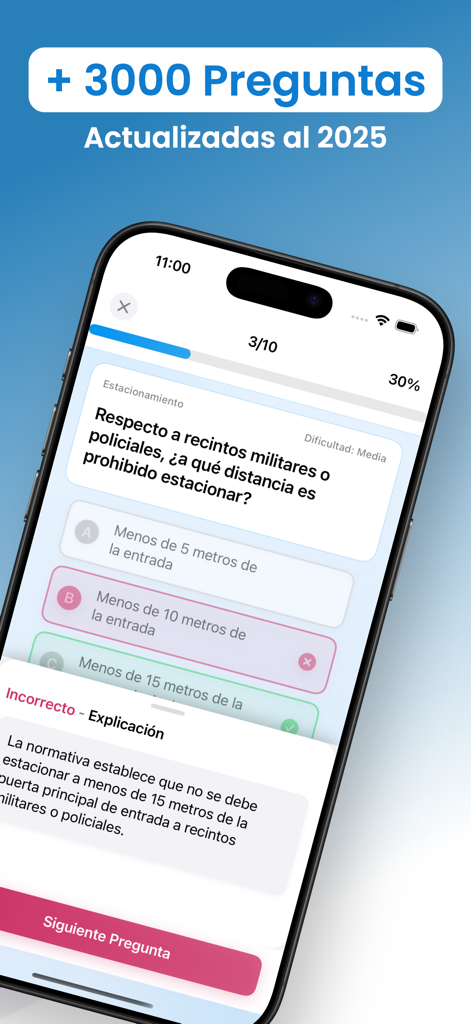 PractiCar Test Conducir Chile - Interfaz de la aplicación PractiCar que muestra una pregunta de práctica para el examen de conducir chileno con retroalimentación y explicaciones.