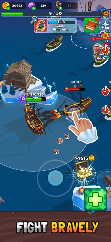 Pirate Raid: Caribbean Battle - Vue de dessus d'un navire pirate attaquant un autre navire dans un combat naval avec des tonneaux de butin flottants et un trésor