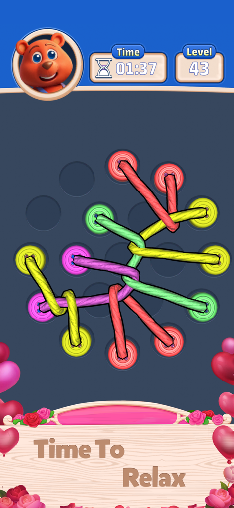 Knot Busters 3D - A colorful 3D rope untangling puzzle level in the Knot Busters 3D mobile game with a relaxing theme