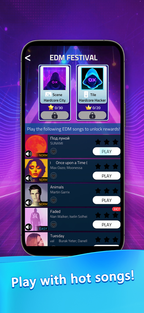 Beat Piano Music EDM Tiles - Menú de selección de canciones en Beat Piano Music EDM Tiles con una lista de pistas electrónicas populares y recompensas de festival.