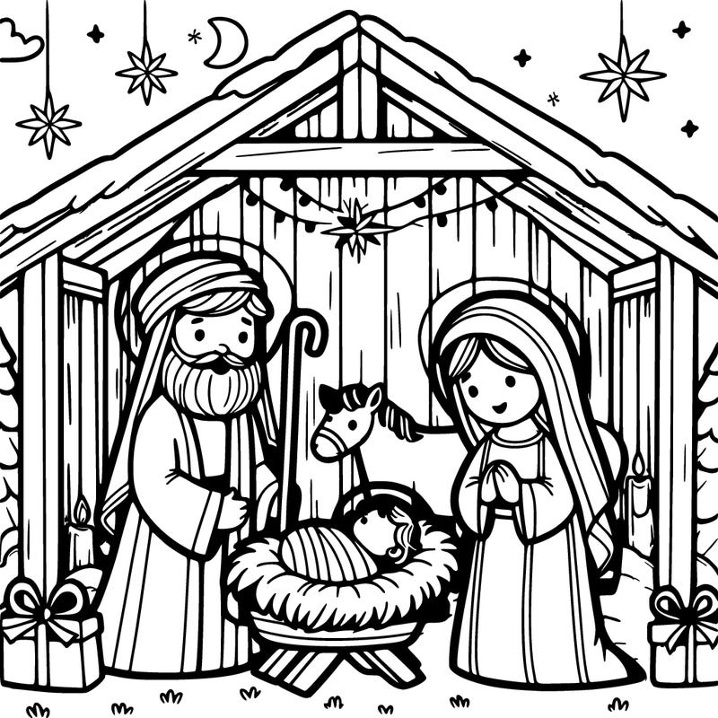 christmas nativity with baby jesus, mary, joseph in a stable