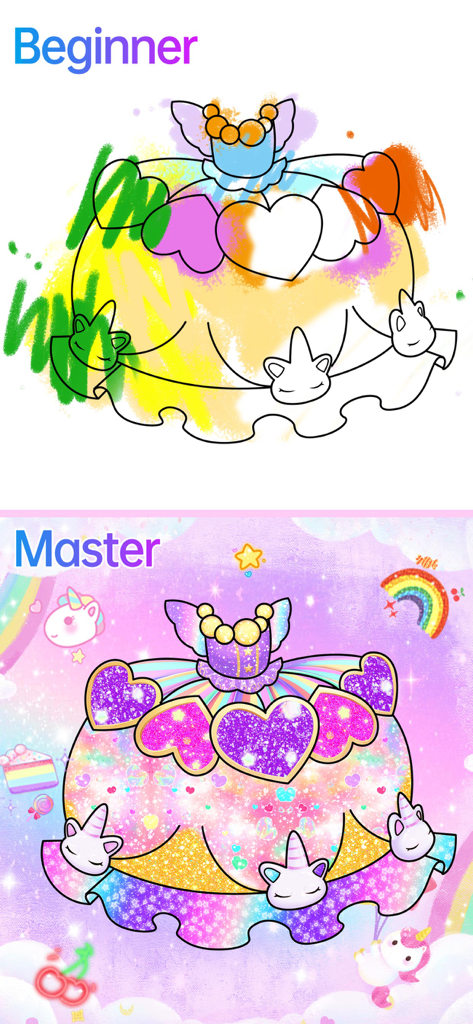 A comparison between a beginner messy drawing and a master glittery princess dress design