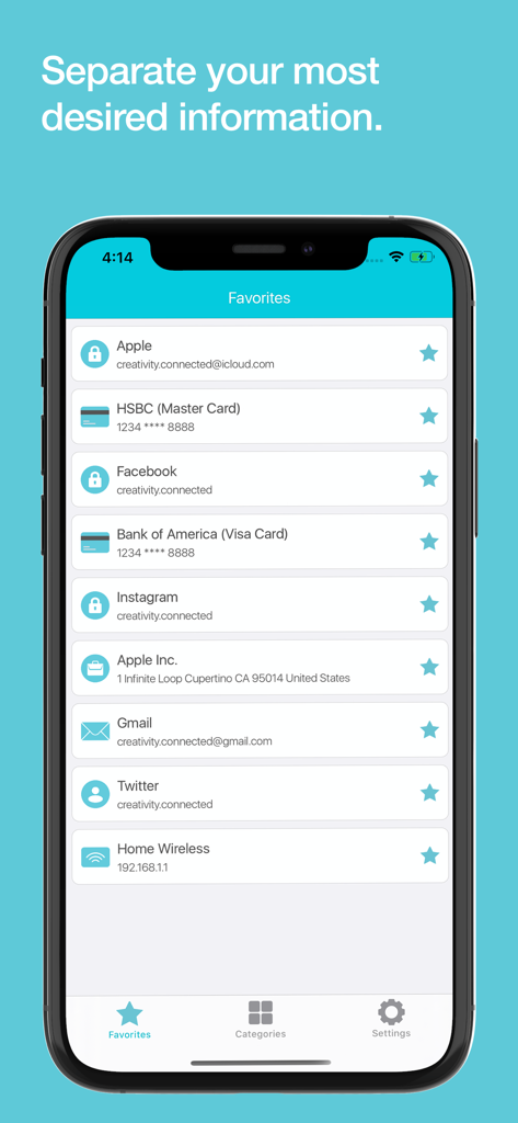 8Password - Password Manager - 8Password app favorites screen showing a list of saved accounts and bank cards