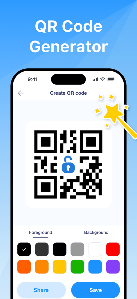 色選択と共有オプションを備えたカスタムQRコード生成のためのインターフェイス
