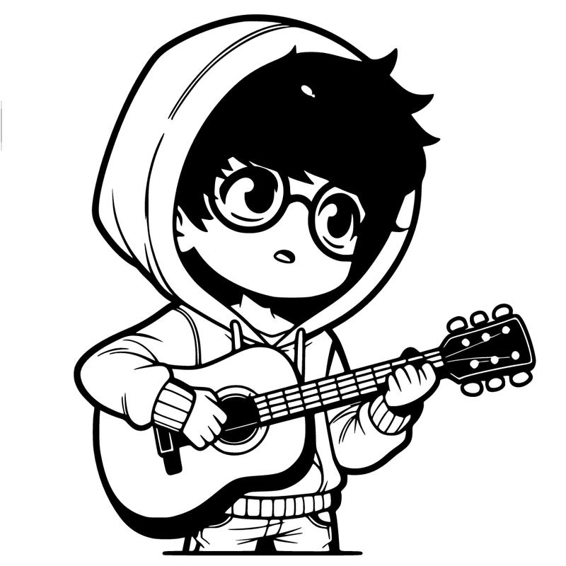 boy with brown hair hoodie and glasses playing guitar