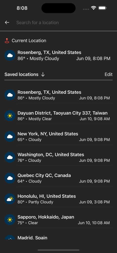 Tenki Weather app interface displaying a list of saved worldwide locations with current weather conditions and temperatures.
