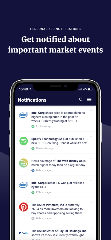 wallmine: Stocks & Bitcoin - Wallmine app interface showing personalized notifications for stock market events and SEC filings.
