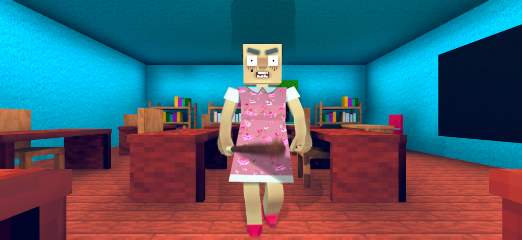 Grandpa & Granny School Escape - Pixelated Granny character in a blocky classroom setting
