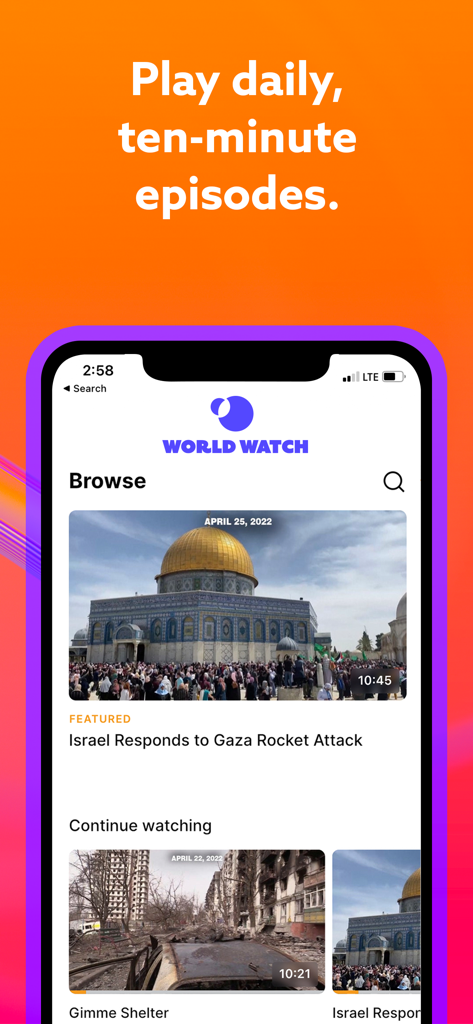 WORLD Watch News - World Watch News app browse screen showing a featured daily ten-minute news episode