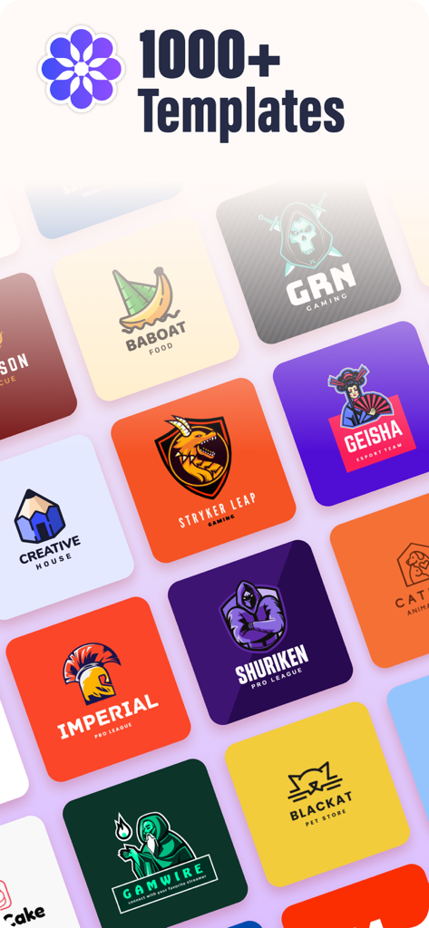 Logo Creator - Logo Maker App - A colorful grid of diverse professional logo templates for gaming and business