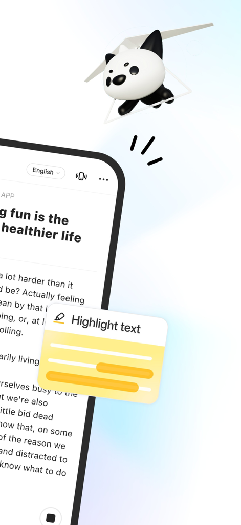 Deepting AI Transcribe Summary - Interfaccia dell'app Deepting AI che mostra testo trascritto e la funzionalità di evidenziazione con una mascotte panda.