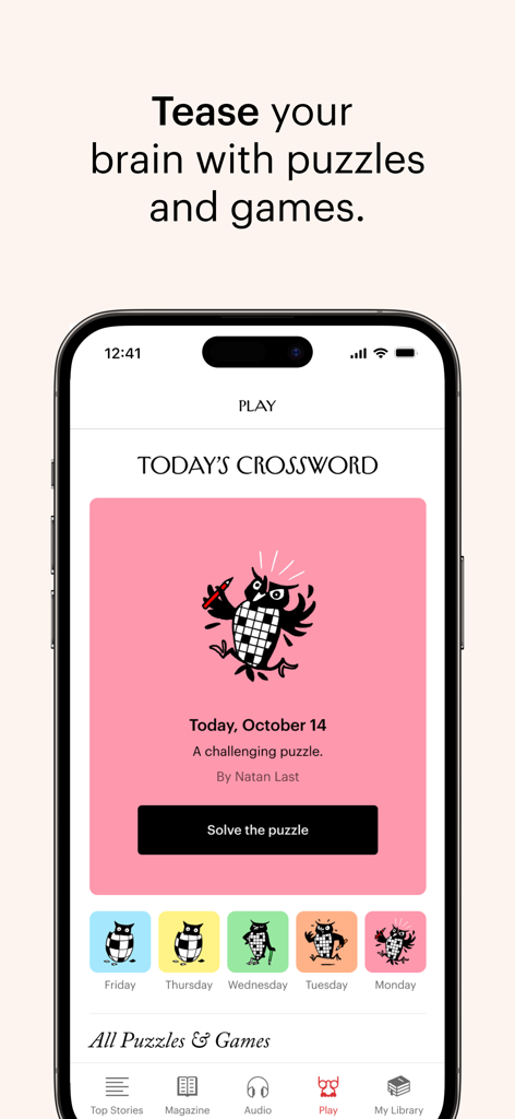 The New Yorker app interface showing the daily crossword puzzle and games section