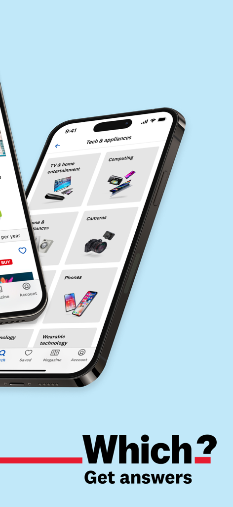 Smartphone a exibir as categorias de avaliação de tecnologia e eletrodomésticos da aplicação Which