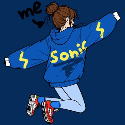 realistic girl jumping with a bun and oversized sweatshirt