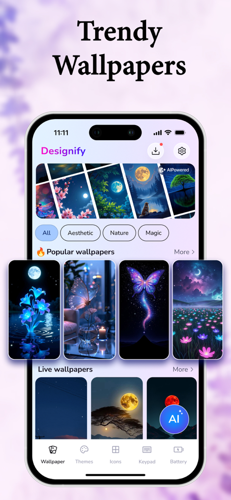 Smartphone screen displaying a collection of aesthetic wallpapers for iPhone in the Themez app.