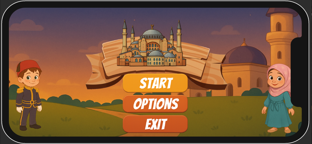 Build Your Mosque - Main menu of the Build Your Mosque game with cartoon characters and start button