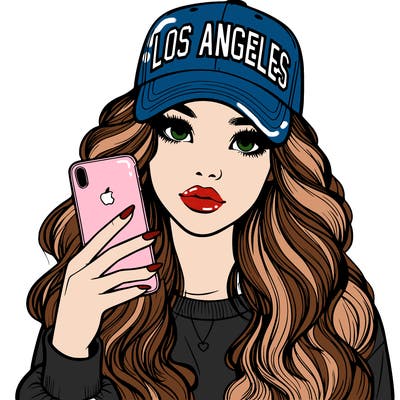 realistic beautiful girl wearing los ángeles cap holding an iphone