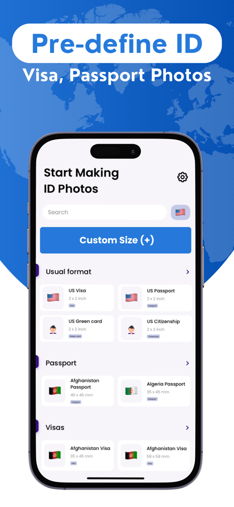 Smartphone app interface showing predefined ID visa and passport photo options for multiple countries
