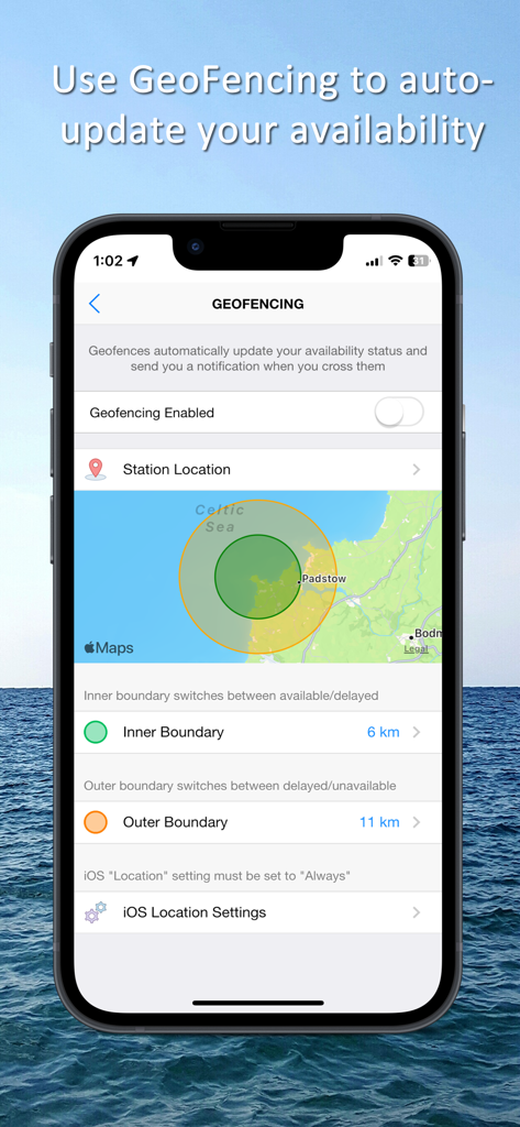 iCrew - Interfaz de la aplicación iCrew mostrando la configuración de geocercas para actualizaciones automáticas de disponibilidad de la tripulación en un mapa