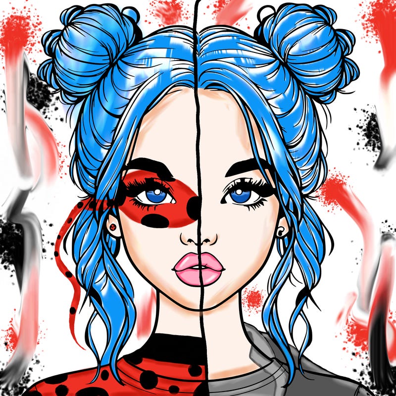 realistic girl with two buns in hair and lips