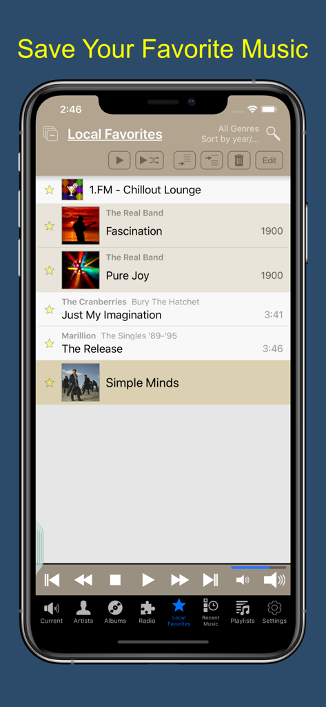 La aplicación Music Remote Pro para Kodi muestra la lista de Favoritos Locales en un iPhone