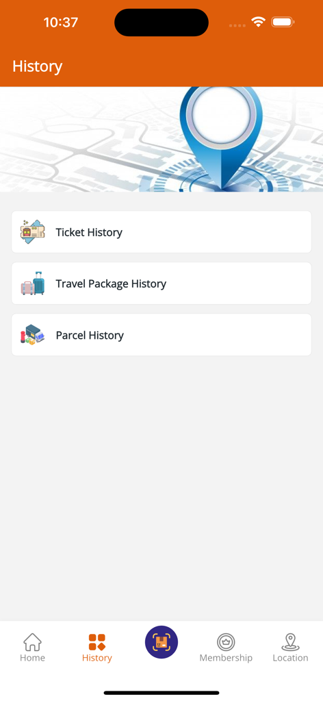 VET Express - History screen of VET Express app displaying ticket travel package and parcel history options