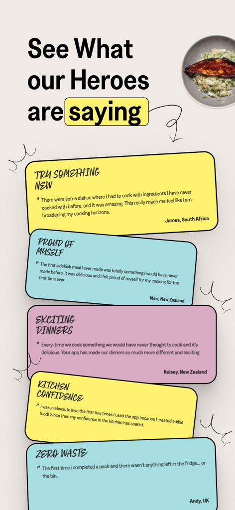 Sidekick by Sorted Food - Customer reviews for Sidekick by Sorted Food showcasing user success with new recipes and zero waste cooking