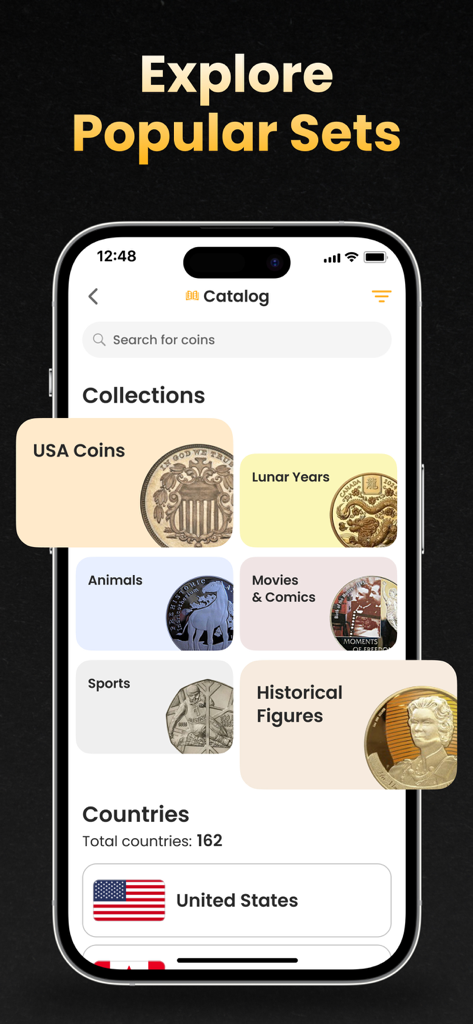 Coin ID Scanner: Value Checker - Pantalla de un catálogo de la aplicación Escáner de ID de Monedas con colecciones populares de monedas como monedas de EE. UU. y figuras históricas