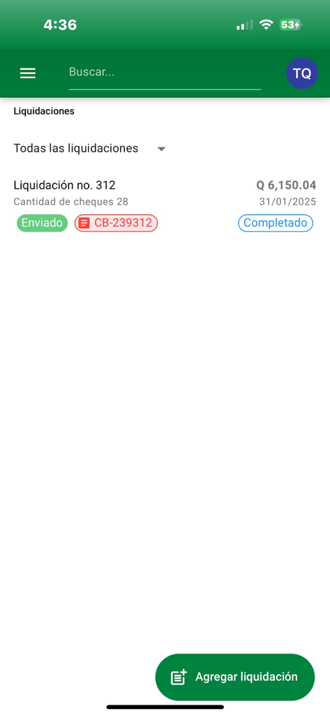 Cheques - Caja Banrural - Interface of the Caja Banrural app displaying a list of settlements and transaction statuses