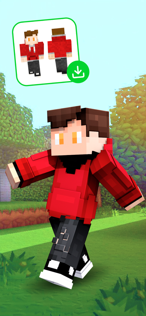 Un personnage Minecraft personnalisé portant un sweat à capuche rouge et un pantalon noir marchant dans une forêt bloc colorée avec une boîte d'aperçu de téléchargement.