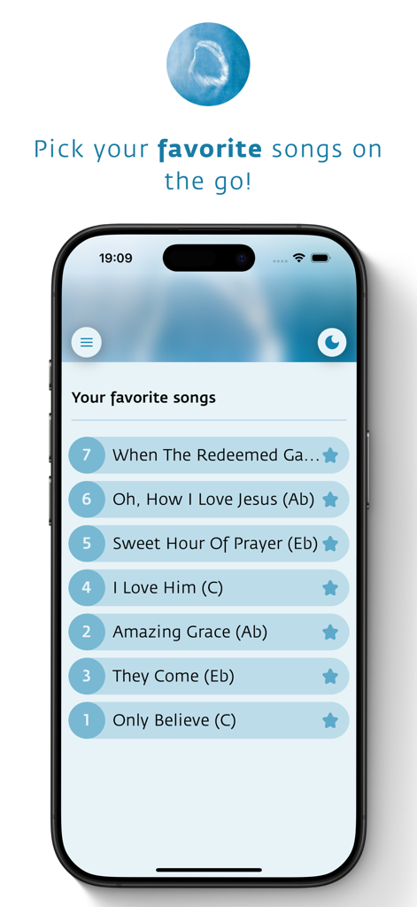 A list of favorite hymns within the Only Believe app including Amazing Grace and Sweet Hour Of Prayer.